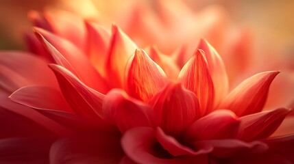 Vibrant red dahlia petals glow with warm golden light in macro view