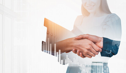 Double exposure of people shaking hands and smiling woman with digital bar charts on bright white...