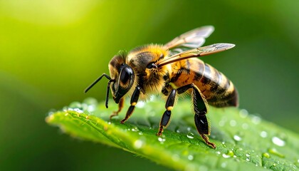 A close-up shot of a bee perched delicately on a verdant leaf, glistening with morning dew. The sunlight catches its wings.