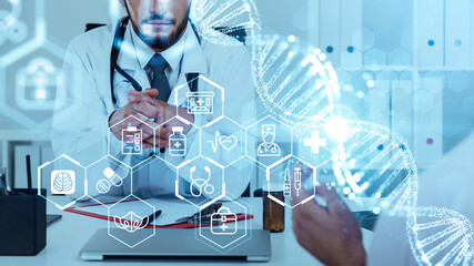 A doctor consulting with a patient, overlaid with glowing medical interface icons and a DNA strand...