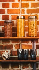 Pantry shelves stocked with jars of pasta and bowls