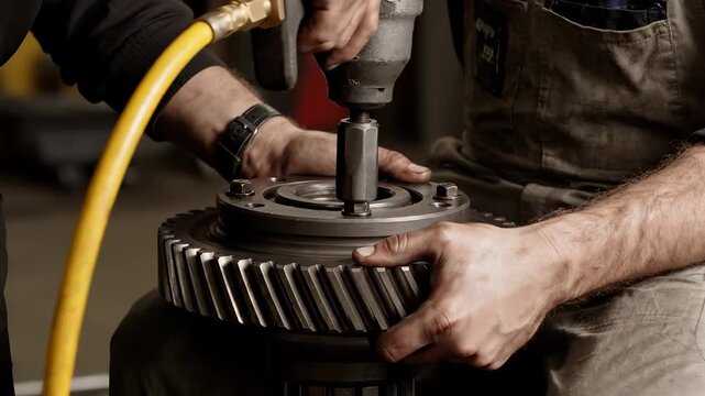 Mechanic using impact wrench on gear assembly in workshop. A close-up shot highlighting precision. Automotive repair, mechanical services, skilled craftsmanship.