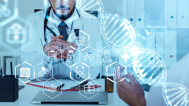 A doctor consulting with a patient, overlaid with glowing medical interface icons and a DNA strand concept, in a clinical setting with a blue background