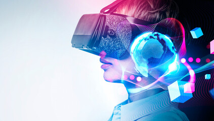 Person wearing virtual reality headset interacting with digital globe and vibrant abstract graphics, futuristic concept on light background with tech elements