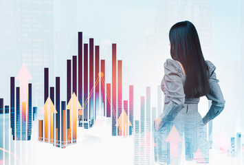Woman in business attire looking at abstract bar charts and upward arrows over a city background, symbolizing financial growth, data analysis, and success