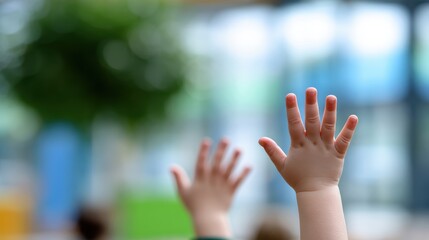 Hand reaching green tree human hand extends upwards gently touching vibrant green leaves of tree signifying connection