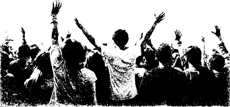 Energetic rave crowd in black and white halftone design for posters