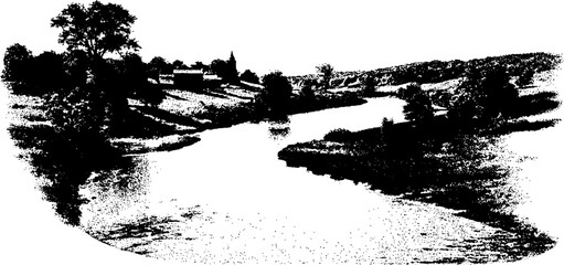 Obraz na płótnie Canvas Black and white halftone landscape of tranquil river flowing through countryside