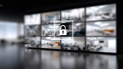 Room with multiple screens and lock enclosed area featuring multiple displays and secure locking mechanism creating intriguing setting