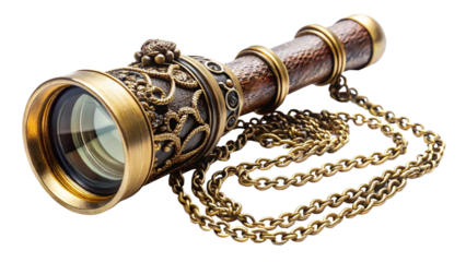 -old-steampunk-magnifying-glass-telescope-with-chain isolated on white background