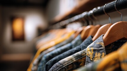 Wooden hanger holding various garments classic wooden hanger securely holds assortment of clothing items ideal for closet organization