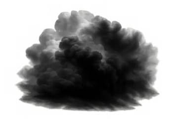 Black smoke plume from an explosion or fire, a large dark cloud representing atmospheric pollution and environmental damage