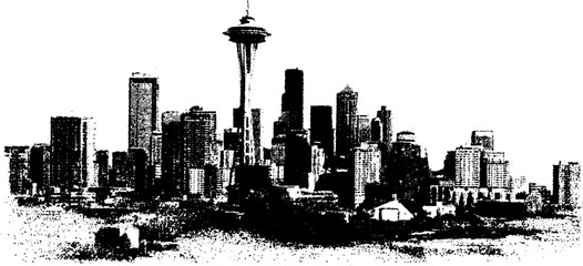 Obraz premium Urban skyline silhouette in black and white halftone effect for graphic design