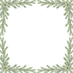 Obraz premium Pine tree branch watercolor illustration Christmas card. Isolated vintage frame of fir twigs for winter holiday background. Hand drawn pine sprig template with copy space for festive design, textile