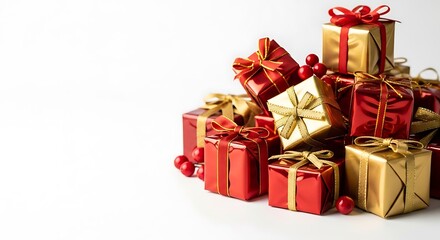 Fototapeta premium Pile of festive red and gold christmas presents