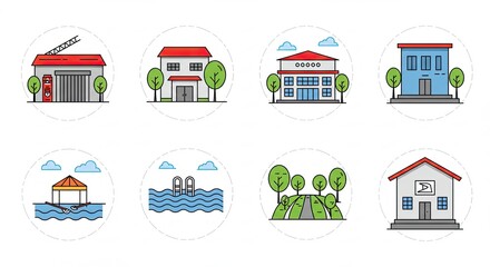 Obraz premium Colorful architectural illustrations of various buildings and recreational areas.