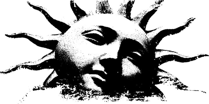 Vintage black and white halftone sun symbol illustration for retro design