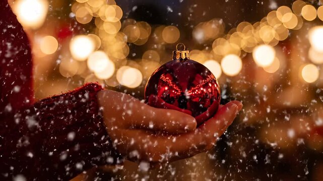Hands holding a red Christmas ornament with bokeh lights in the background. A close-up, festive image with a warm, inviting feeling. Holiday spirit, winter season, festive cheer.
