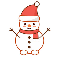 Cute Cartoon Snowman Wearing Santa Hat and Red Scarf