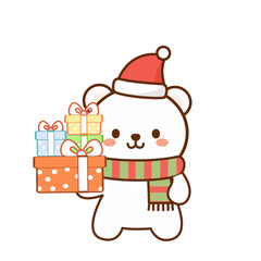 Cute Cartoon Polar Bear with Santa Hat and Scarf Holding Stack of Christmas Gifts