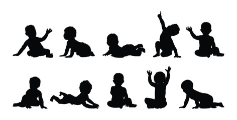 Silhouettes set of babies and toddlers in different positions isolated on white background vector illustration collection.