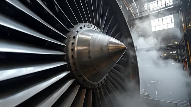 A close-up of a jet engine turbine, metal blades radiating around a central cone, with mist