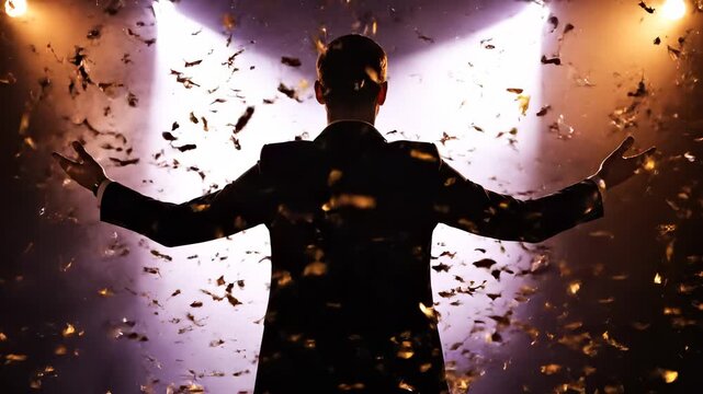 Man on stage with confetti falling, back view. A powerful silhouette conveying success and triumph. Business achievement, motivation concept, reaching goals.