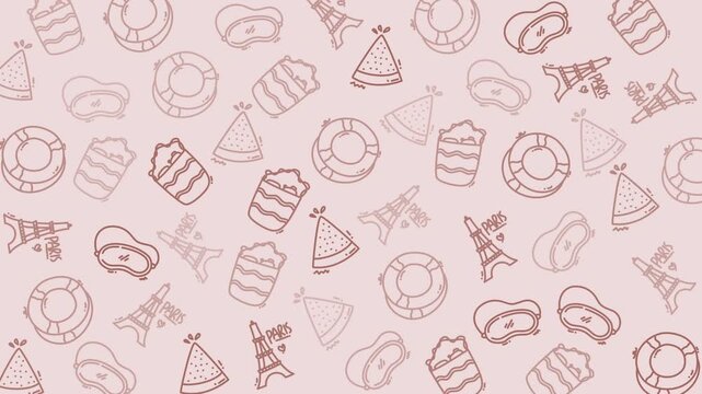 Pattern featuring holiday doodles, paris souvenirs, summer sleep mask on pink background. Suitable for travel blogs, stationery, and packaging designs.