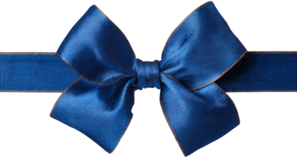 Detailed close up of a luxurious deep blue satin ribbon bow with gold trim isolate