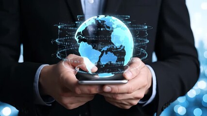 Man interacts with a digital earth hologram on smartphone. High tech communication concept with interactive display. Global network, digital transformation, futuristic technology. - Powered by Adobe