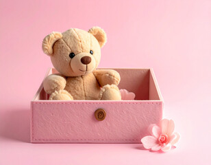 ピンクの箱の中に座るかわいいテディベアのぬいぐるみ。プレゼントや子ども部屋、ギフト、愛情、やさしさをイメージしたガーリーな背景素材。