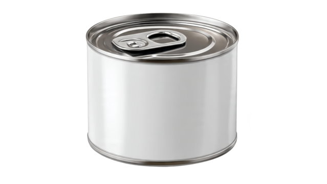 A simple metallic food can with a pull tab lid and a blank white label isolated on black transparent background