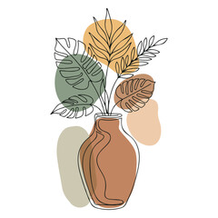 Minimalist Botanical Line Art Vase – Abstract One Line Drawing of Leaves and Pot
