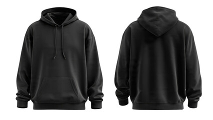 Front and back view of a plain black hoodie with drawstrings and a front pocket transparent background