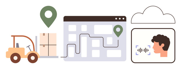Forklift carrying boxes with location pin, route on map interface, voice recognition in cloud. Ideal for logistics, automation, AI, tracking, delivery supply chain communication. Simple flat