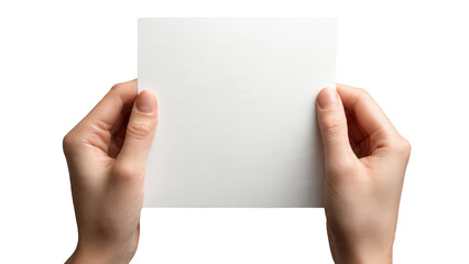 Obraz premium Two Human Hands Hold A Blank White Card Against A Transparent Background Isolate