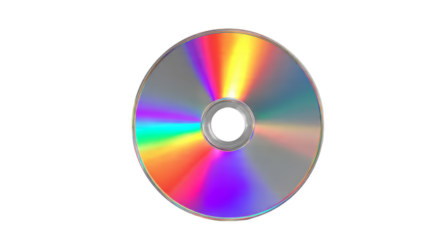 Iridescent digital disc reflects rainbow spectrum circular object with central hole isolated transparent background