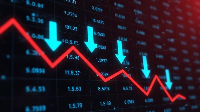 Stock market data with a downward trending arrow on a screen. Digital illustration of financial downturn and uncertainty. Economic recession, bear market, investment risk. - Powered by Adobe
