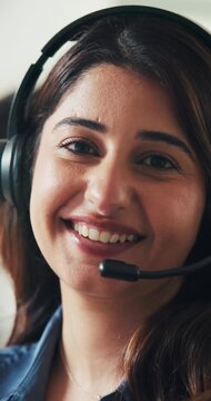 Face, call center and happy woman in office for telemarketing, lead generation or insurance agent. Portrait, headset and confident sales consultant for policy premium, outbound service and about us