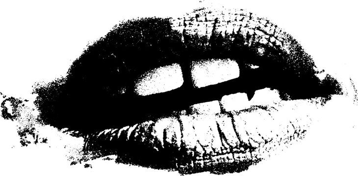 Black and white halftone art of wrinkled lips with gritty texture for retro design