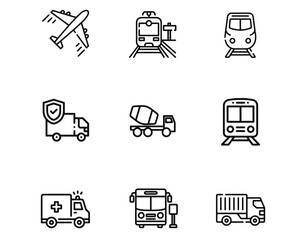 Transport Icon Vector Pack – A complete set of modern, flat-style icons representing various modes of transportation, including cars, buses, bicycles, airplanes, and more, perfect for web, mobile apps