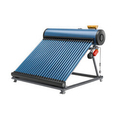 Fototapeta premium A detailed close up view of a modern solar water heater system with blue evacuated tubes and a water tank isolated on transparent background