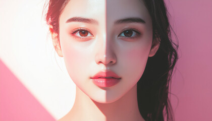 顔の半分が光に照らされ、もう半分が影に隠れた女性。光と影のコントラストが印象的で、二面性、秘密、感情、内面の強さや繊細さを象徴するビジュアル。美意識やファッション、心理的表現にも使いやすい。
