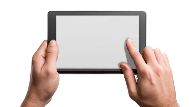 Hands holding a tablet computer with a blank white screen one finger touching the display isolate