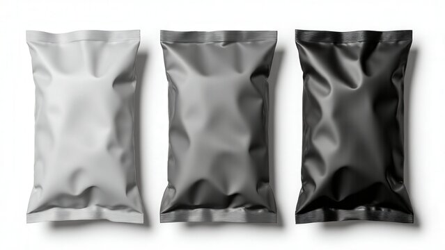 Glossy doy pack mockup. Trio of glossy doy packs in various monochromatic shades and sizes (50ml, 100ml, 200ml), showcased in perfect alignment on a white backdrop for packaging design.