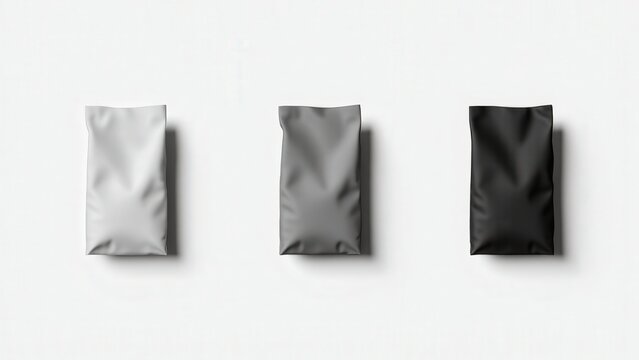 Glossy doy pack mockup. Monochrome set of glossy doy packs in light, medium, and dark gray (50ml, 100ml, 200ml), lined up in symmetry on a simple white background, ideal for branding concepts.