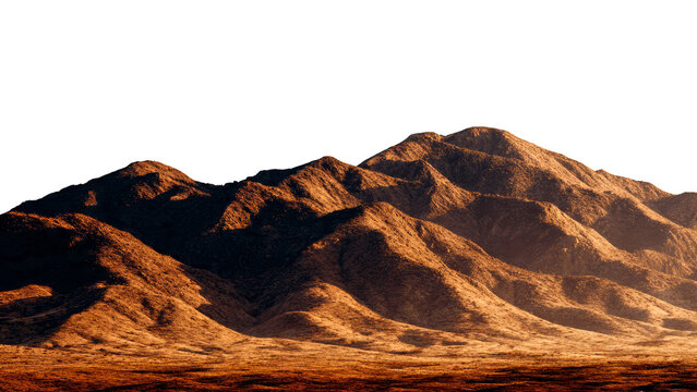 Jagged mountain range with rocky terrain bathed in warm golden sunlight isolate