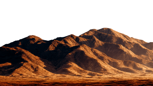 Jagged mountain range with rocky terrain bathed in warm golden sunlight isolate