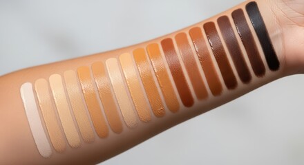 Diverse range of foundation swatches on arm displaying skin tone variety
