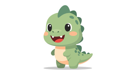Obraz premium A friendly little green dinosaur with a happy smile. Cute cartoon baby T-rex character, a prehistoric reptile mascot vector illustration isolated